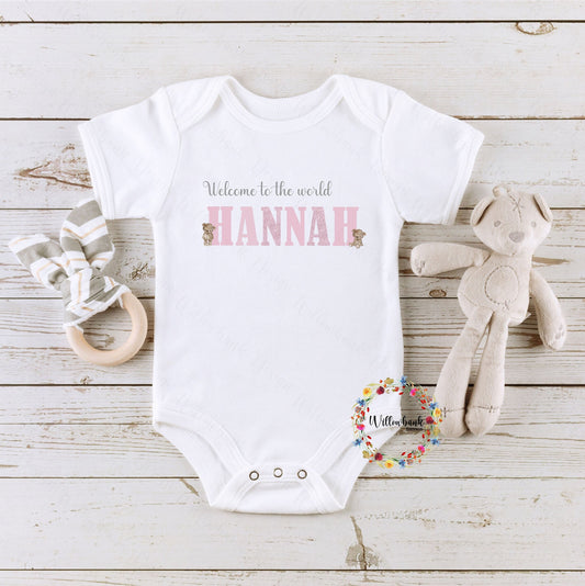 Personalised Welcome To The World Teddy Bear Baby Bodysuit