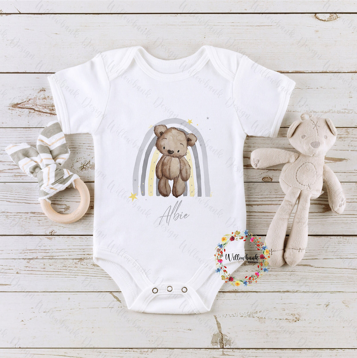 Personalised Rainbow Teddy Bear Baby Bodysuit