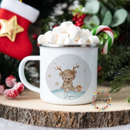 Personalised Christmas Bear Enamel Mug