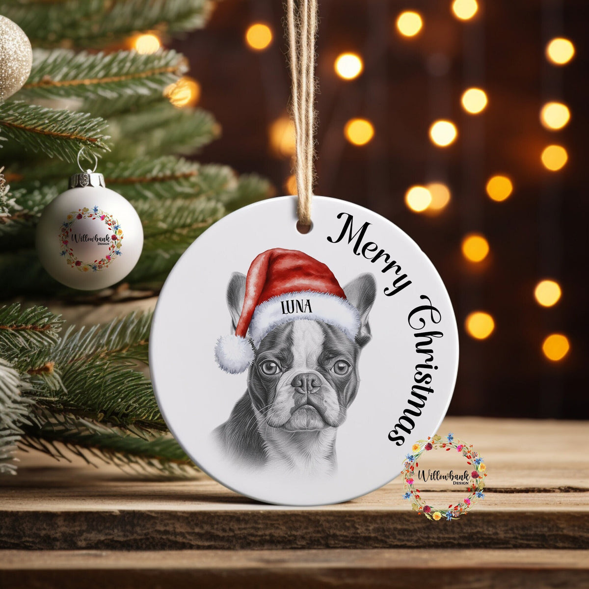 Personalised Sketchy Boston Terrier Christmas Tree Decoration