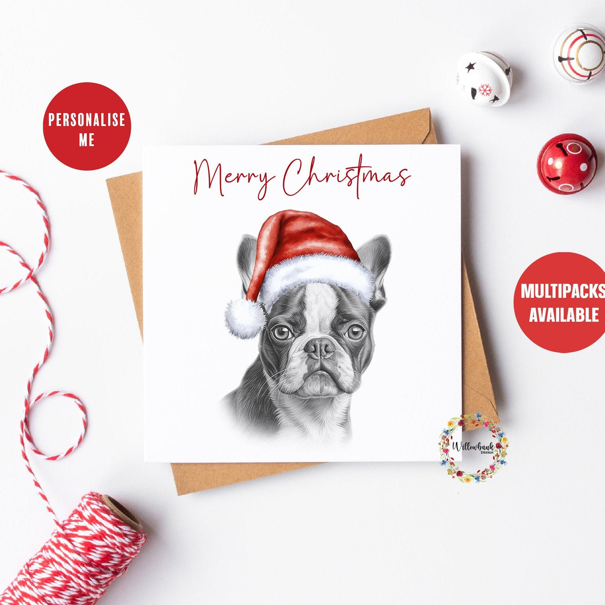 Multipack Personalised Sketchy Boston Terrier Christmas Card