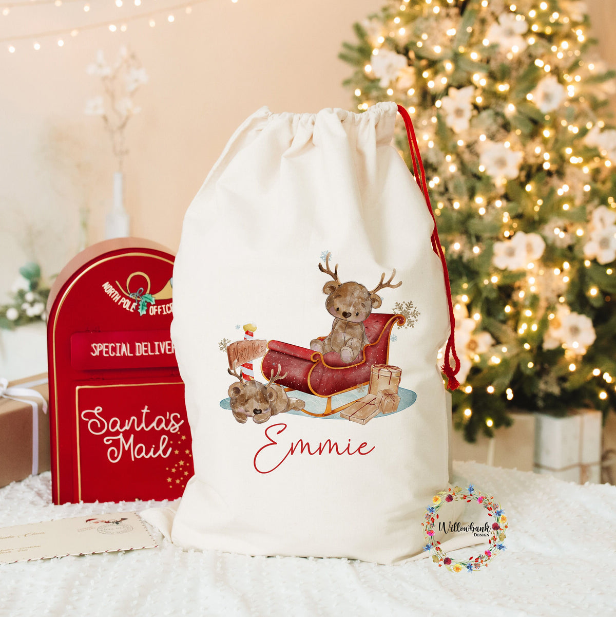 Personalised Teddy Bear Santa Claus Sleigh Christmas Sack