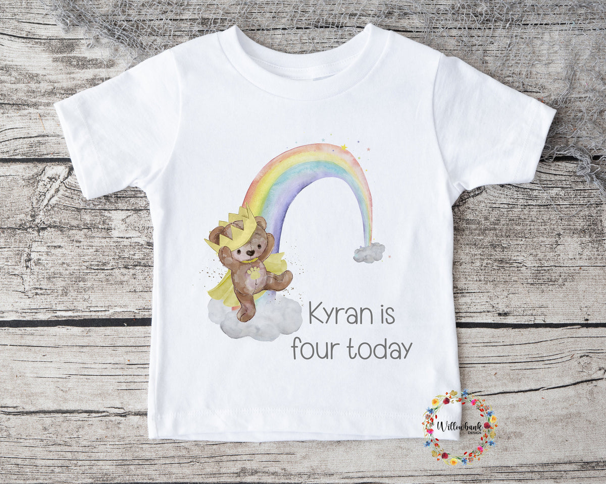 Personalised Happy Birthday Teddy Bear Crown Rainbow Tshirt