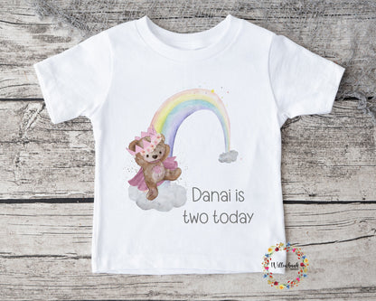 Personalised Happy Birthday Teddy Bear Crown Rainbow Tshirt