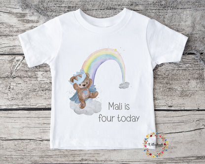 Personalised Happy Birthday Teddy Bear Crown Rainbow Tshirt