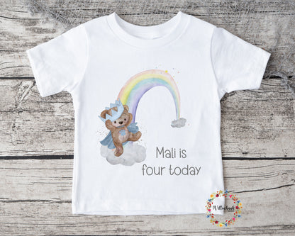 Personalised Happy Birthday Teddy Bear Crown Rainbow Tshirt