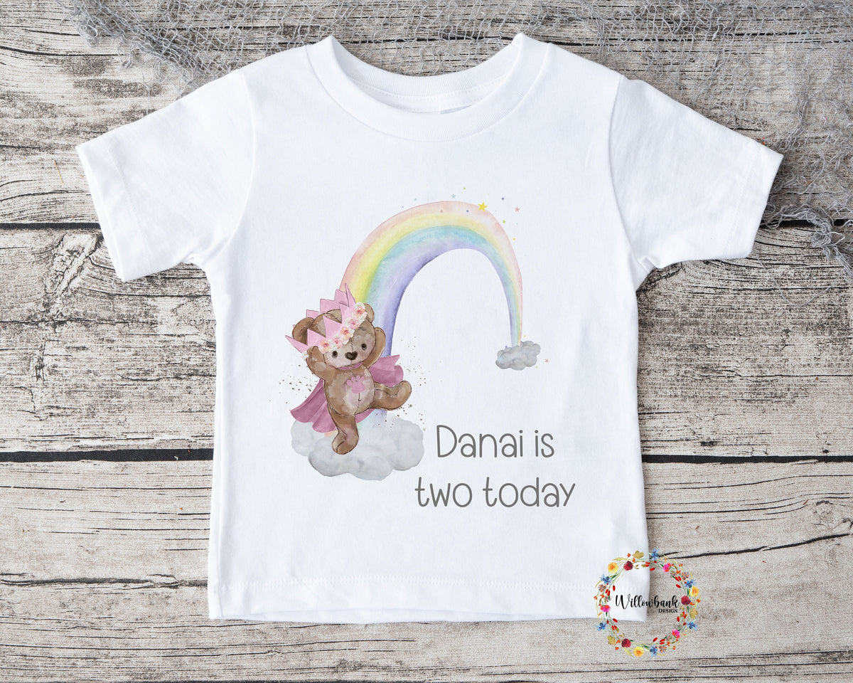 Personalised Happy Birthday Teddy Bear Crown Rainbow Tshirt