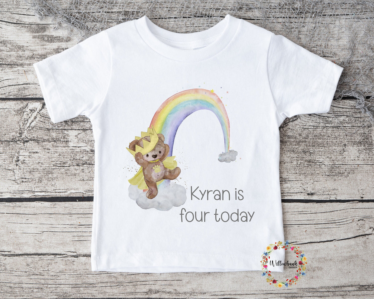 Personalised Happy Birthday Teddy Bear Crown Rainbow Tshirt