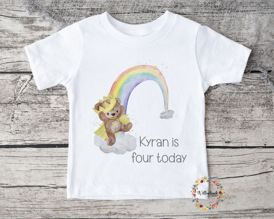 Personalised Happy Birthday Teddy Bear Crown Rainbow Tshirt