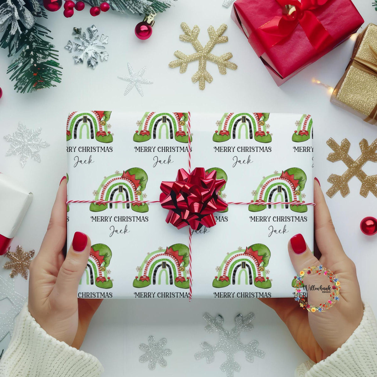 Personalised Elf Rainbow Christmas Wrapping Paper l Gift Wrap l Kids Christmas
