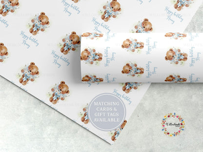 Personalised Teddy Bear Flowers Wrapping Paper