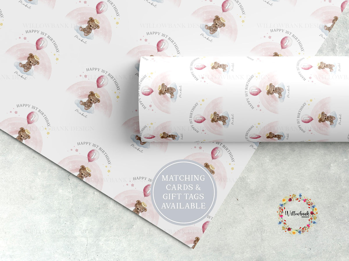 Personalised Teddy Bear Rainbow Balloon Wrapping Paper l Custom Children's Birthday Gift Wrap