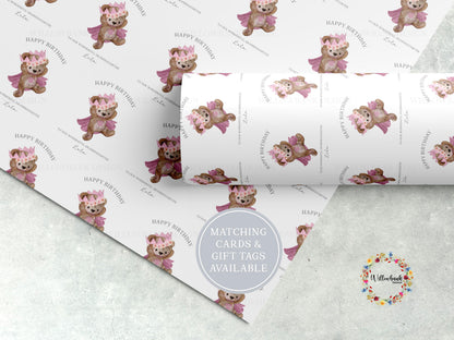 Personalised Teddy Bear Crown Wrapping Paper l Custom Children's Birthday Gift Wrap
