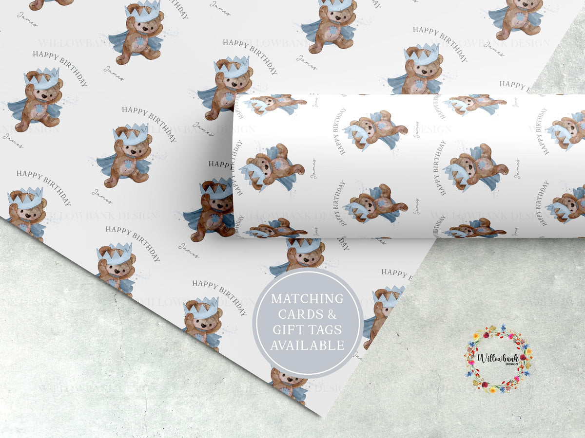 Personalised Teddy Bear Crown Wrapping Paper l Custom Children's Birthday Gift Wrap