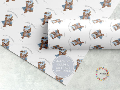 Personalised Teddy Bear Crown Wrapping Paper l Custom Children's Birthday Gift Wrap