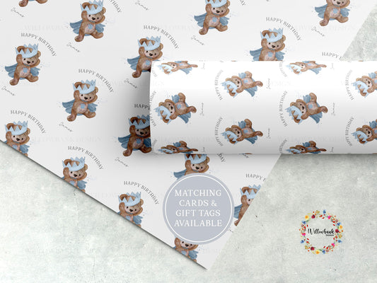 Personalised Teddy Bear Crown Wrapping Paper l Custom Children's Birthday Gift Wrap