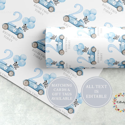 Personalised Blue Race Car Wrapping Paper l Custom Gift Wrap