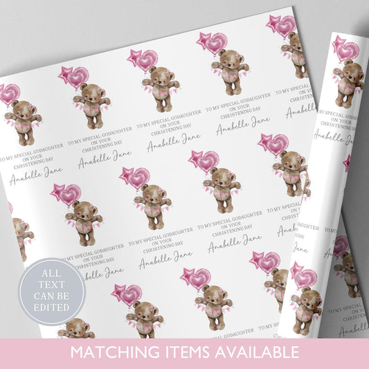 Personalised Teddy Bear Christening Wrapping Paper l Custom Gift Wrap