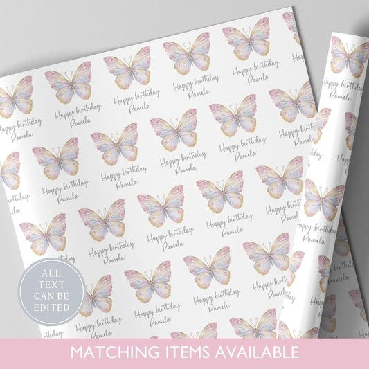 Personalised Pastel Butterfly Birthday Wrapping Paper