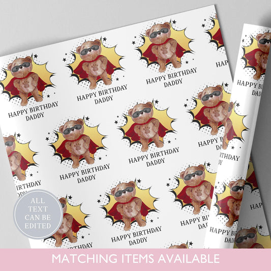 Personalised Super Bear Wrapping Paper l Custom Children's Birthday Gift Wrap l Teddy Bear Gift Wrap