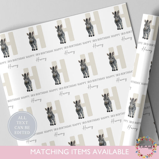Personalised Zebra Birthday Wrapping Paper l Custom Gift Wrap l Children's Birthday Theme l Kids Birthday l Safari Animal