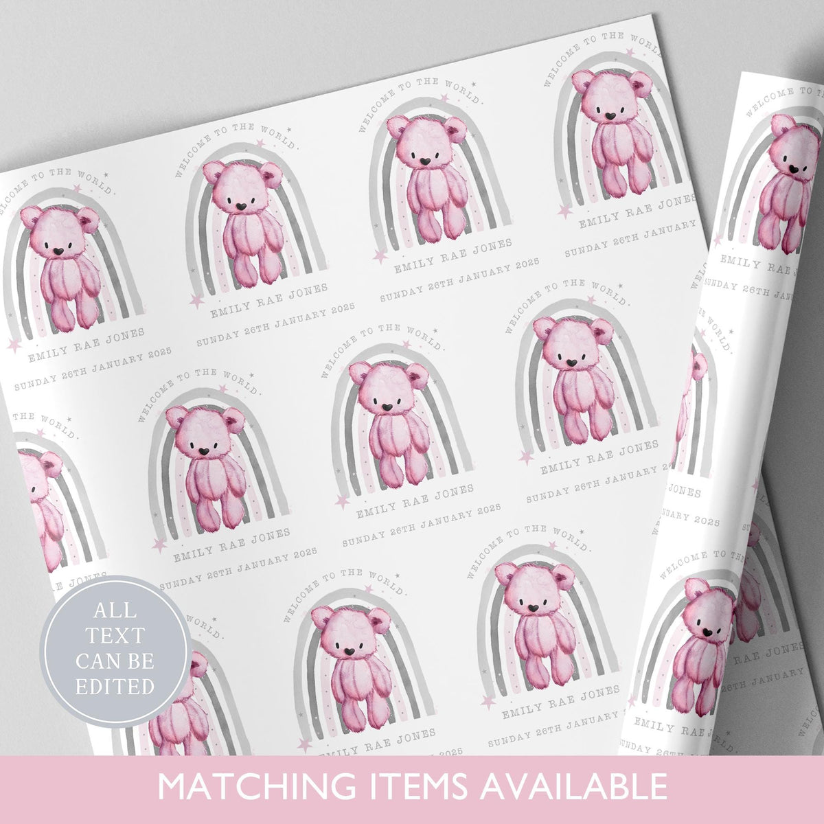 Personalised Rainbow New Baby Gift Wrapping Paper l Teddy Bear Gift Wrap l Welcome To The World l Custom l Baby Gift l Baby Boy l Baby Girl