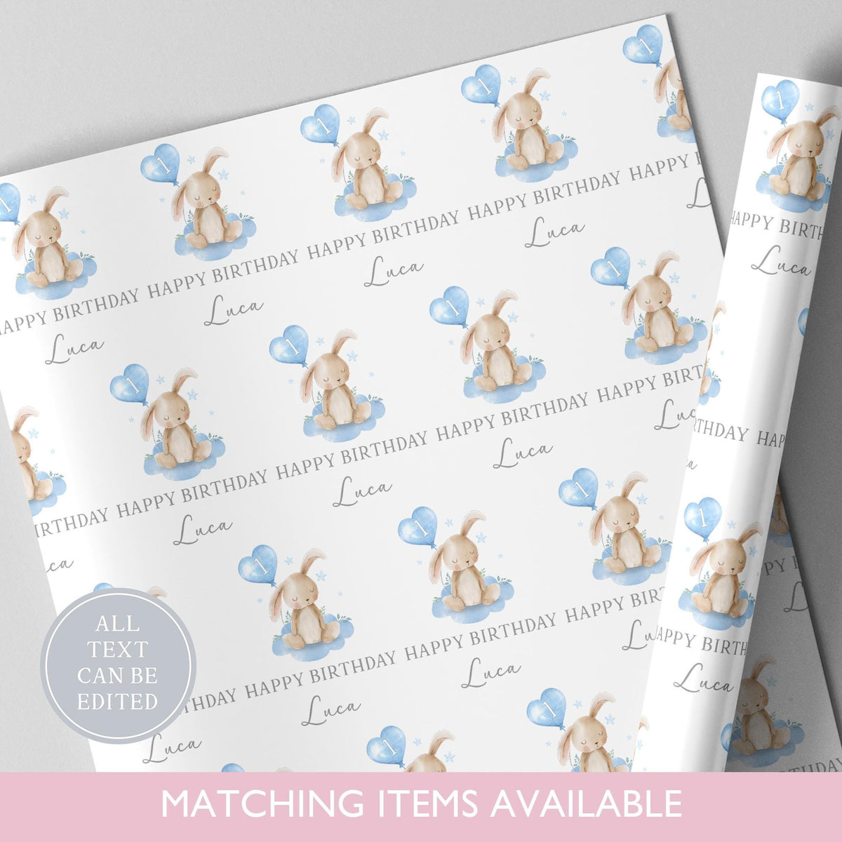Personalised Bunny Rabbit Birthday Wrapping Paper l Custom Gift Wrap l First Birthday l Birthday Gift l Children's Birthday l Luxury
