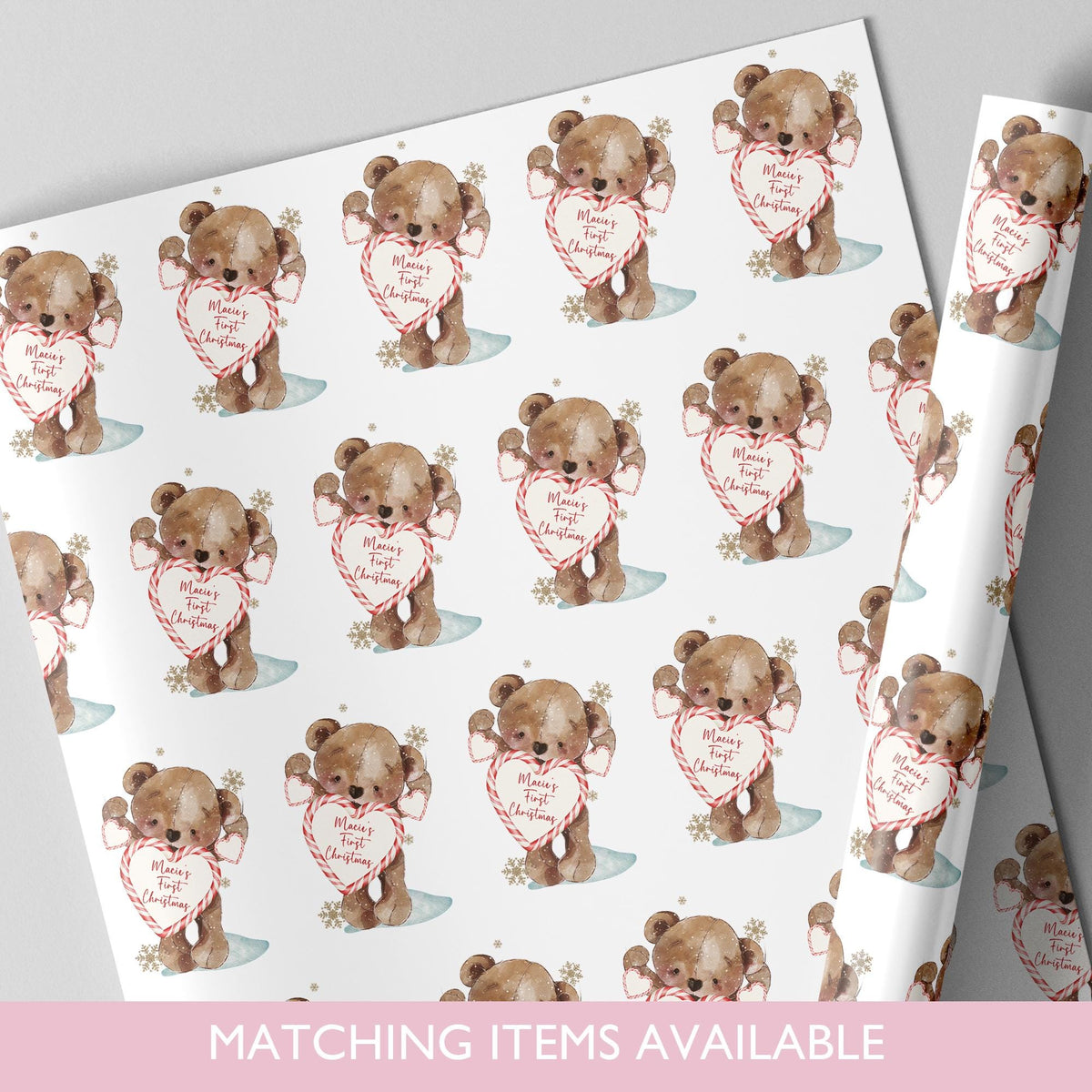 Personalised Christmas Teddy Bear Wrapping Paper l Gift Wrap l Kids Christmas l Custom Gift Paper l Candy Cane Design