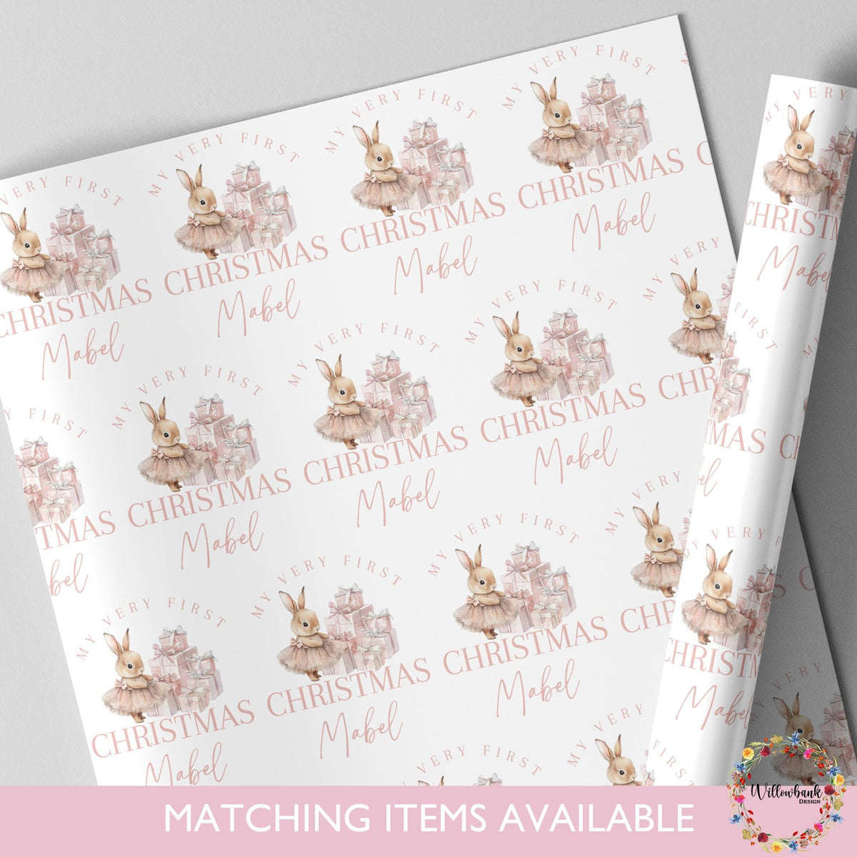 Personalised First Christmas Wrapping Paper l Bunny Rabbit Gift Wrap l Kids Christmas l Custom Gift Paper l Baby Xmas