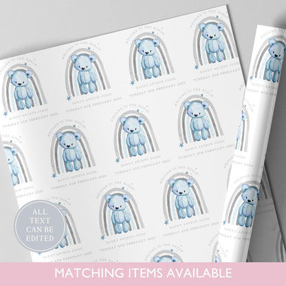 Personalised Rainbow New Baby Gift Wrapping Paper l Teddy Bear Gift Wrap l Welcome To The World l Custom l Baby Gift l Baby Boy l Baby Girl